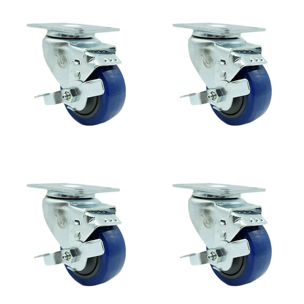 3.5 Inch Blue Polyurethane Wheel Swivel Top Plate Caster Set with Brake SCC